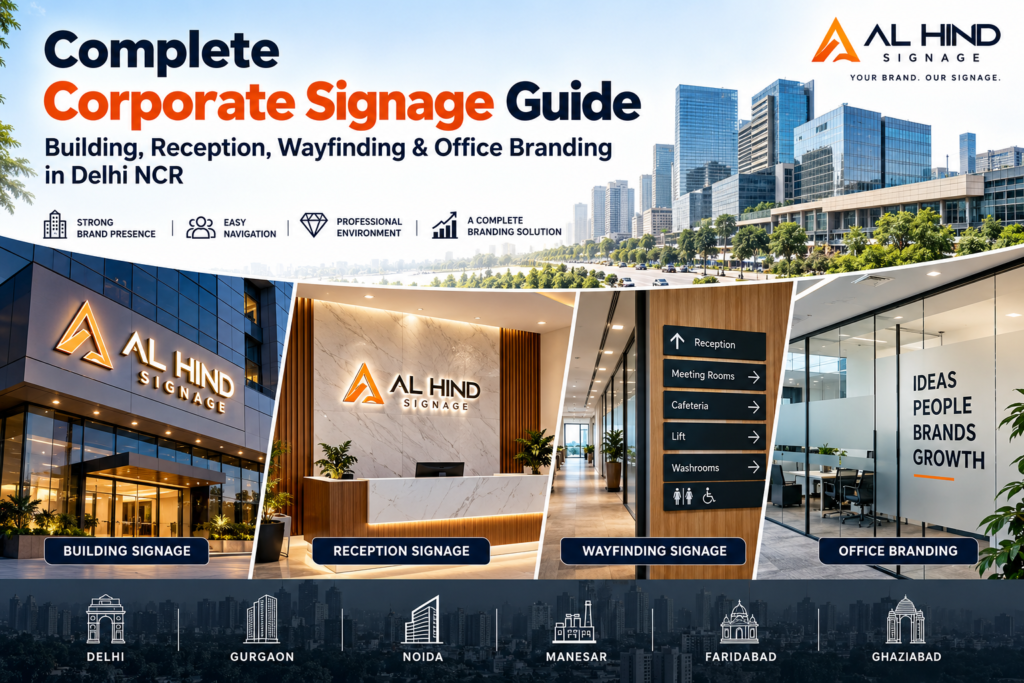 Complete corporate signage guide featuring building signage, reception signage, wayfinding and office branding in Delhi NCR by Al Hind Signage