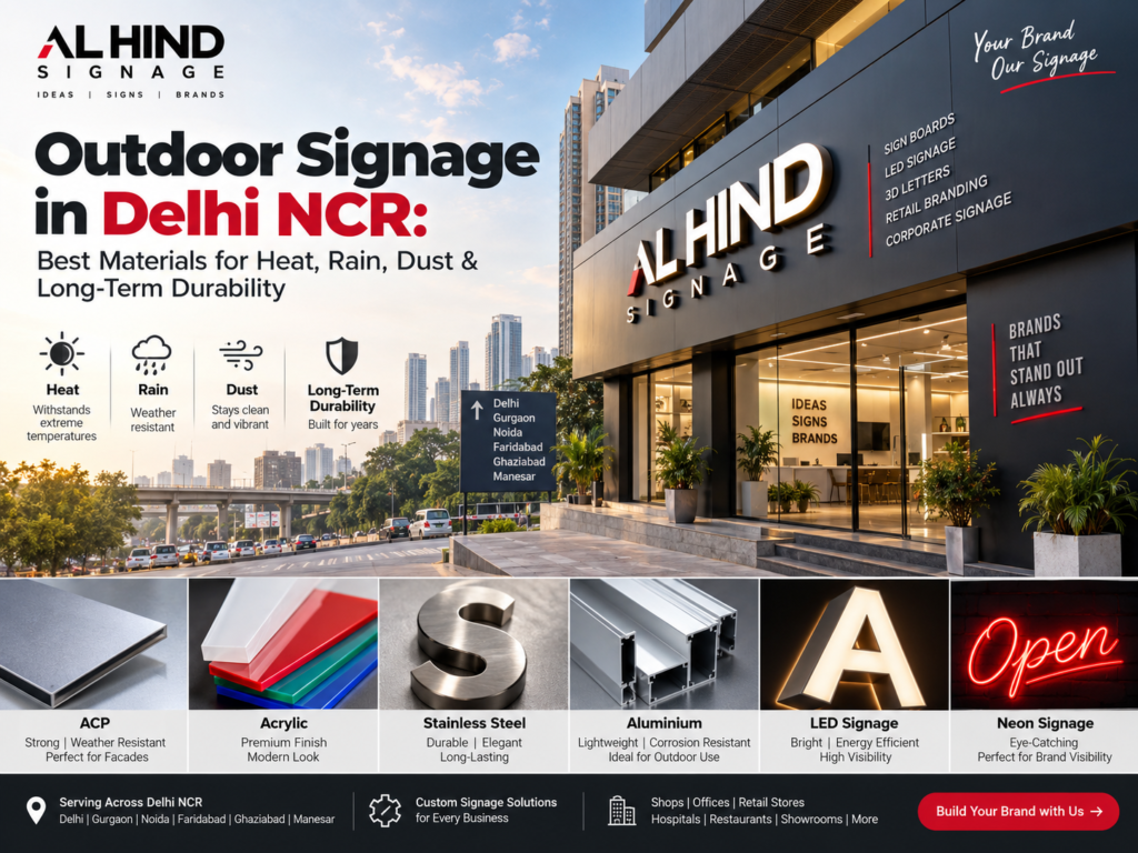 Outdoor signage in Delhi NCR made with durable ACP, acrylic, stainless steel, aluminium and LED materials
